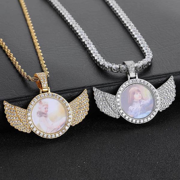 

pendant necklaces hip hop memory po frame copper micro inlaid zircon round wings solid po personality hiphop, Silver