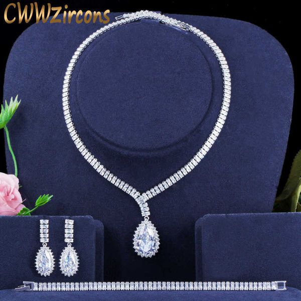 

baguette cz zirconia dangle drop brides earring necklace bracelet sets luxury women wedding jewelry accessory t438 210714, Silver