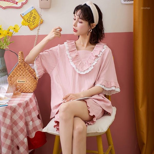 

pajama sets women summer princess style kawaii lace patchwork young girls homewear sweet square collar daily womens sleepwear men's, Black;brown