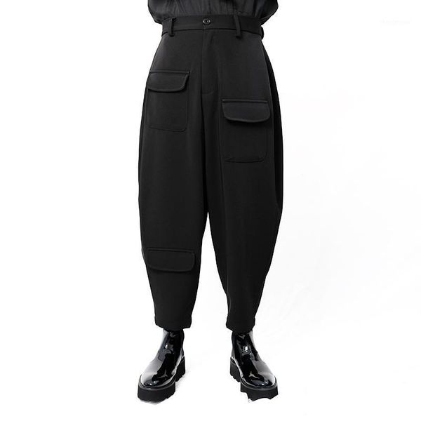 

men's pants casual capris oval tapered harem low crotch high waist multi pocket, Black