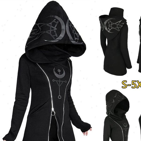 

womens hoodie punk style print long sleeve hooded double zipper hoodies black