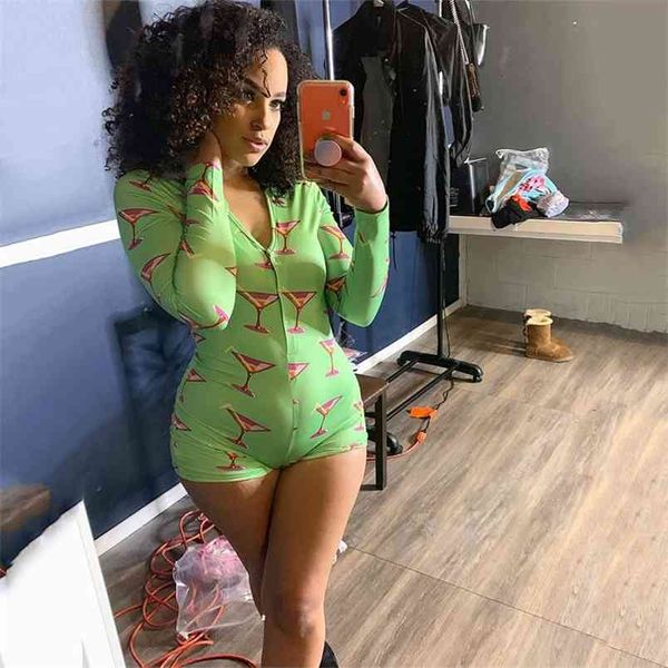 Onesies Yetişkin Uzun Kollu V Yaka Bodycon Tulumlar Bahar Moda Yeşil Baskı Genel Seksi Parti Clubwear Kıyafetler Vücut Takım Elbise 210517