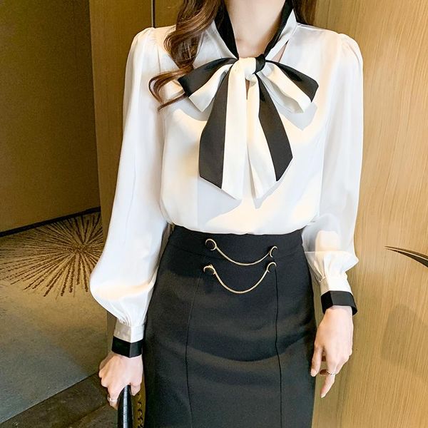 

women's blouses & shirts long sleeve tie bow collar korean style women pullover blouse autumn winter female elegant chic slim bottomin, White