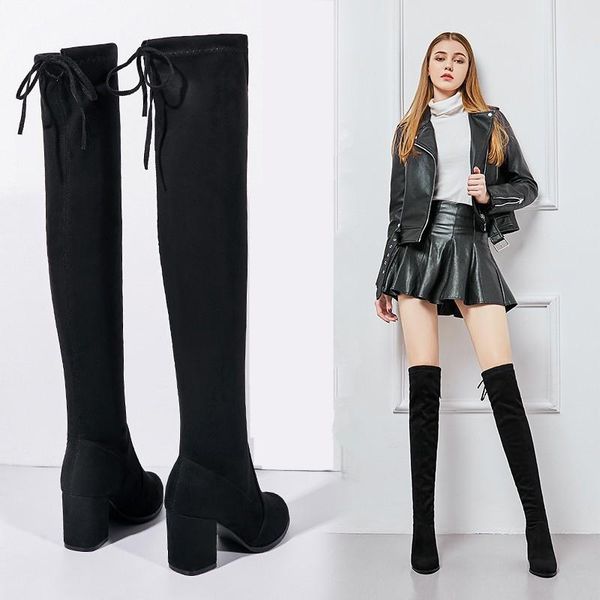 

boots 2021 fashion women spring autumn over the knee heels quality suede long comfort square botines mujer thigh high, Black