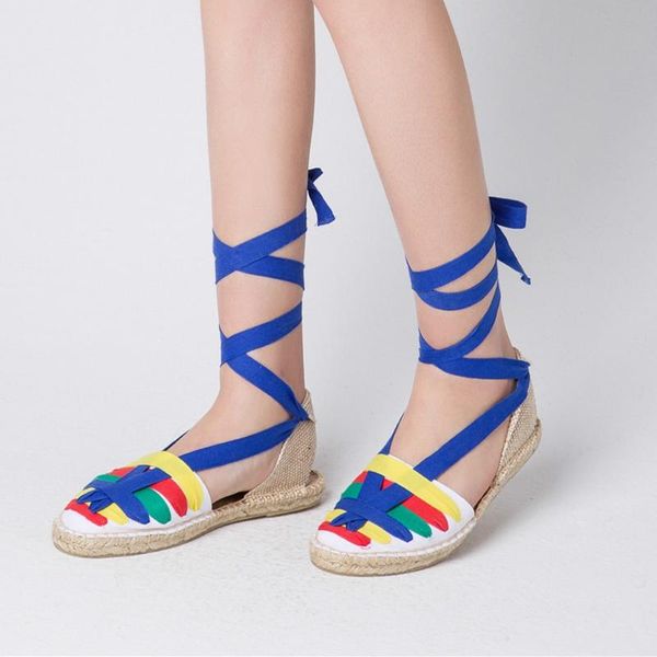

women's canvas lace-up flats sandals summer student sole sandalias riband candy color ankle strap womens casual shoes sale, Black
