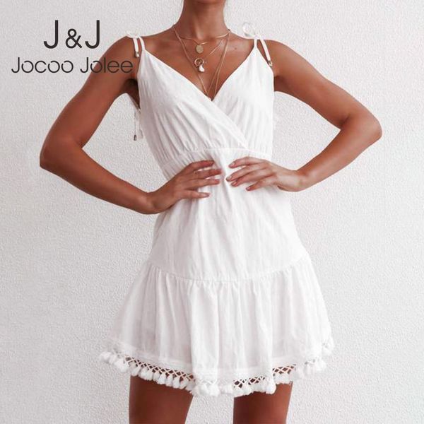 

spaghetti strap v neck backless a line dress elegant white tassel midi dress female summer beach sundress 210518, Black;gray