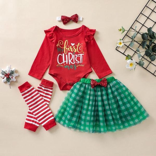 

clothing sets infants baby girls cute christmas suit born printed bodysuits+gauze skirt+headband+leg warmer 4pcs casual outfits, White