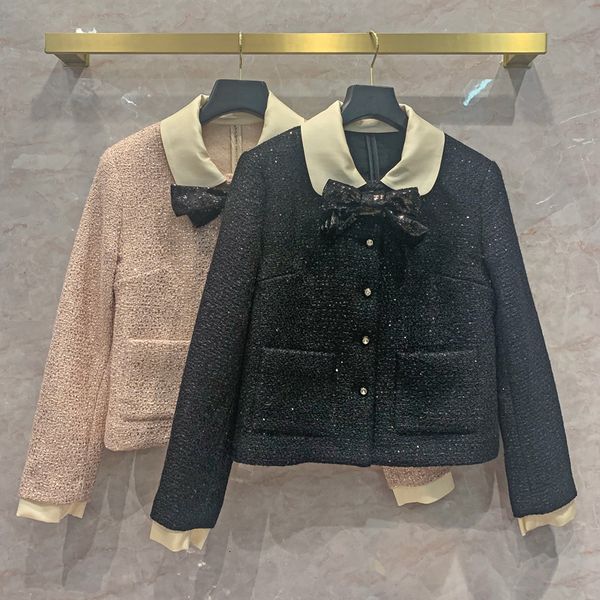 

women's trench coats spring autumn designer bowtie wool coat of women sequins 100% lining silk tweed c713, Tan;black