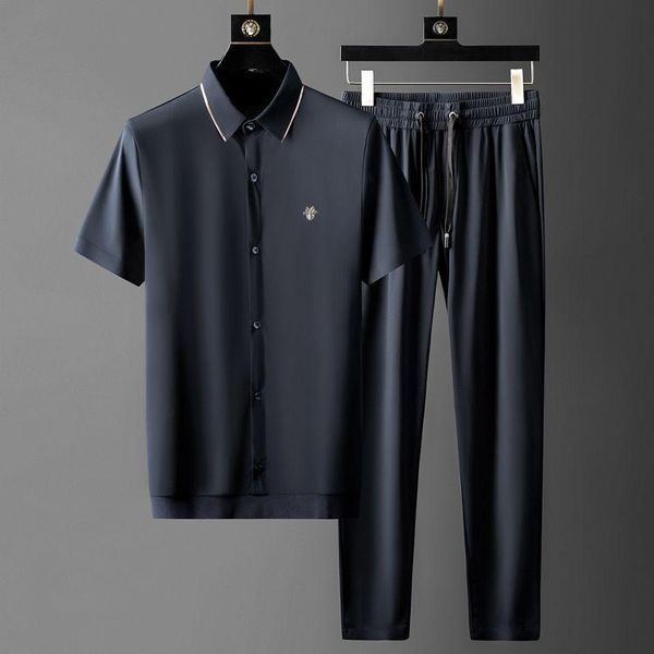 

men's tracksuits summer mens sets (t-shirt+pants) luxury solid color short sleeve t-shirt male fashion slim fit man set grey navy, Gray