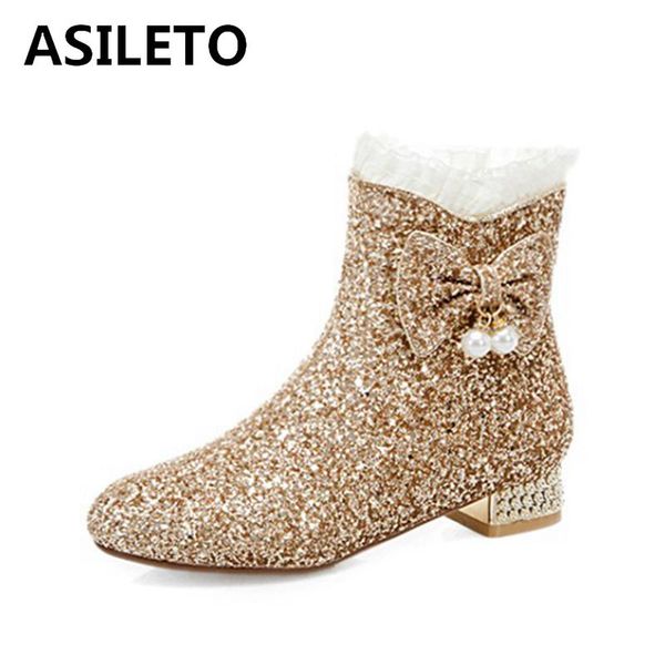 

sweet princess ankle boots bowtie pearl crystal sequined cloth round toe shiny zip 2.5cm short heel us12 pink a4213, Black