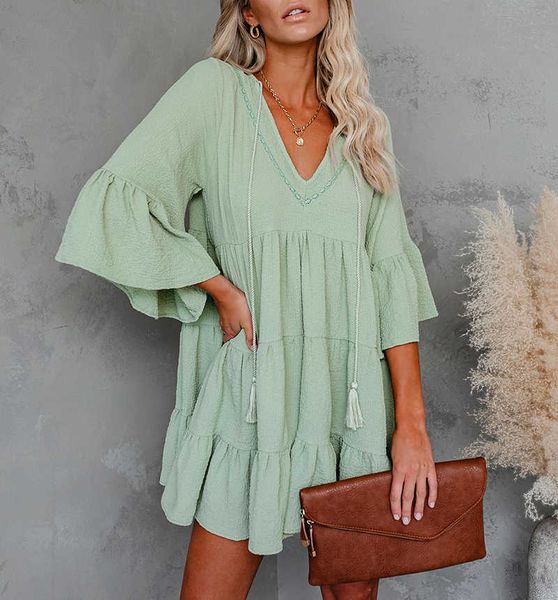 

casual loose solid women dresses v-neck flare sleeve ruffles tassel spring autumn office lady dress plus size w152 210526, Black;gray