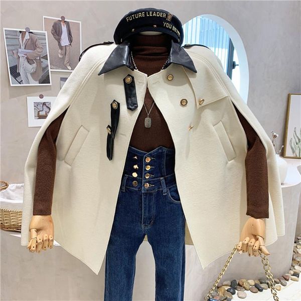 

women's wool & blends clothing 2021 autumn winter medium length cloak type pu leather stitched lapel woolen coat, Black