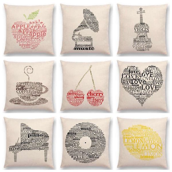 Cuscino/cuscino decorativo lettere inglesi parola stampe tipografiche decorative frutta musica cuscino decorazioni per la casa divano tiro mela banana ciliegia