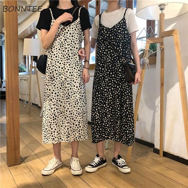 

casual dresses sleeveless women sling dress spring summer dot printed elegant chiffon long students womens fashion vestidos chic, Black;gray