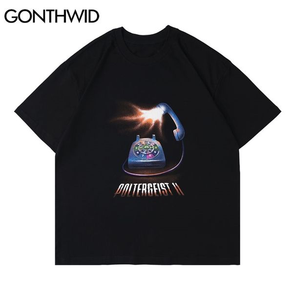 

oversized tees shirts harajuku vintage telephone print tshirts streetwear fashion casual hip hop loose t-shirts 210602, White;black