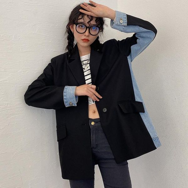 

women's suits & blazers [ewq] denim stitching suit coat women 2021 spring dress korea loose design trendy clothing overcoats, White;black