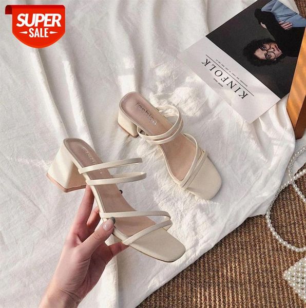 

new 2021 female sandals summer slippers ladies high heels square open toe slides party shoes women sandalias de mujer #jx4h, Black