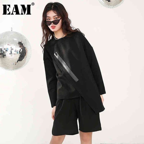 

[eam] women black zipper irregular long big size t-shirt round neck long sleeve fashion spring autumn 1z34801 210512, White