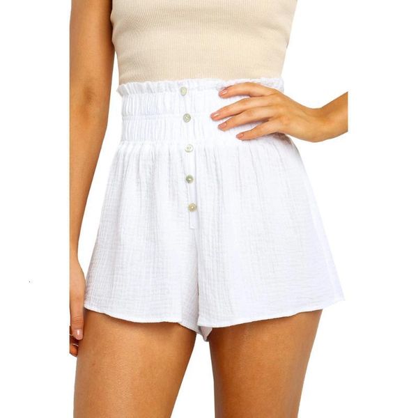 

women's shorts elastic high waist women solid casual holiday button slim summer female pleated wide leg black short trousers dai7, White;black