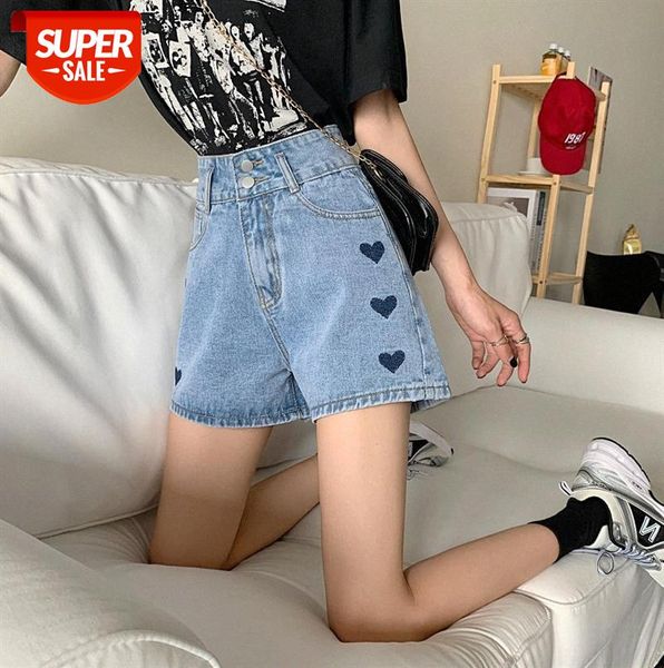 

love embroidered high waist denim shorts women all-match thin a-line loose wide-leg pants #vc2x, Black;gray