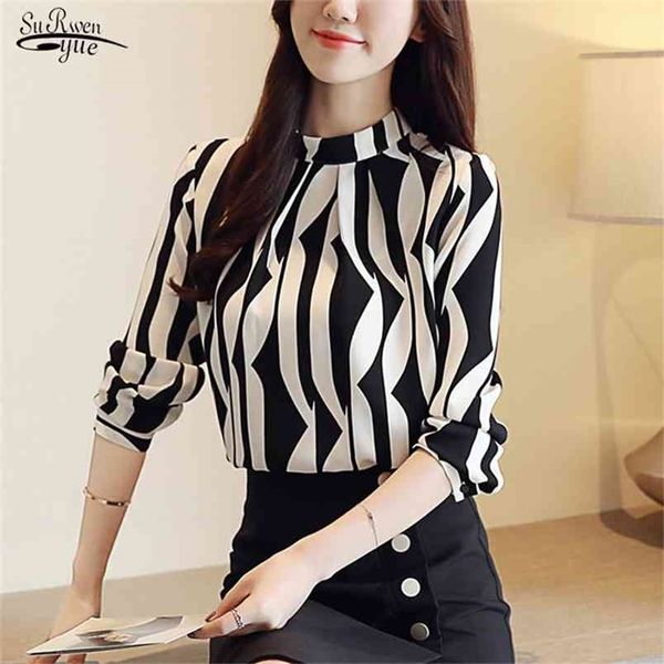 

blusas fashion womens and blouses striped chiffon o-neck woman long sleeve office lady women shirts 0941 210421, White