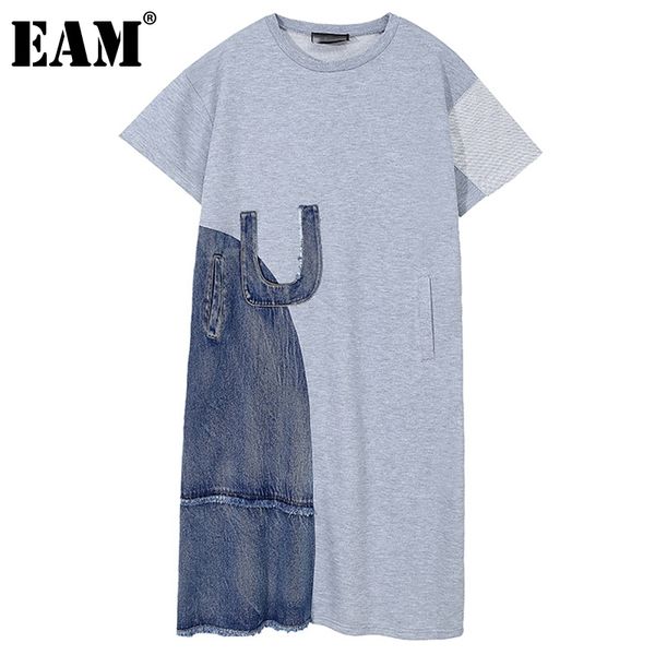 

[eam] women gray denim spliced burr pocket dress round neck short sleeve loose fit fashion spring summer 1dd7000 210512, Black;gray