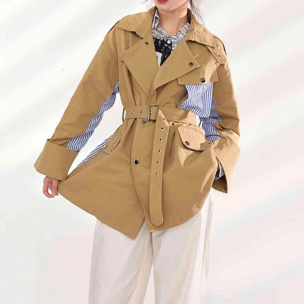 

women's jackets [eam] loose fit khaki back striped big size jacket lapel long sleeve women coat fashion spring autumn 2022 wj08504m 1e8, Black;brown