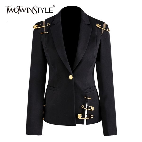 TWOTYLE Loose Fit Nero Scava Fuori Spille Impiombato Giacca Blazer Risvolto Manica Lunga Cappotto Donna Moda Autunno Inverno 210930