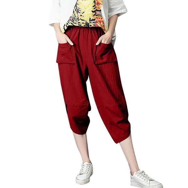 

women's pants & capris 2021 fashion women loose cotton and linen calf-length casual solid color w416, Black;white