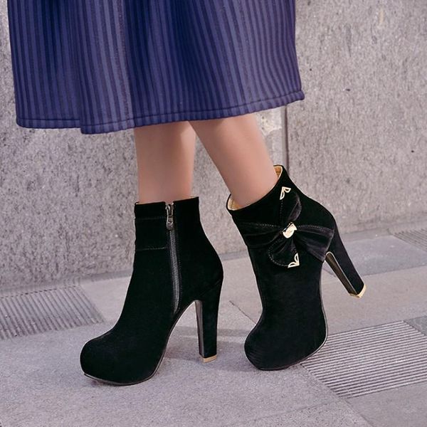 

boots big size 9 10 11-14 women shoes ankle for ladies bow side zipper metal trim, Black