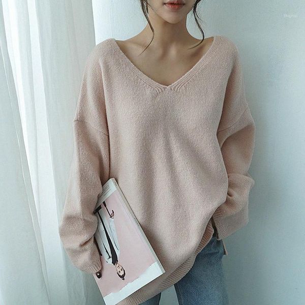 

women's sweaters 2021 women v-neck sweater autumn and winter solid color loose comfortable wild long-sleeved korean knit casual top, White;black