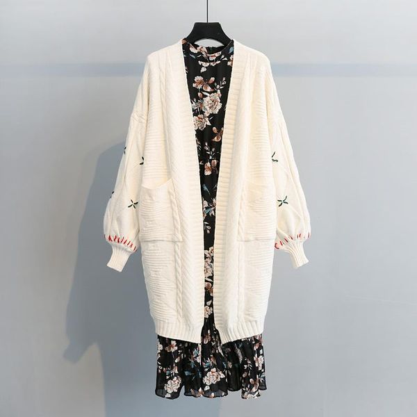 

women's knits & tees women mid-length cardigan long-sleeved jacket autumn winter solid color print knitted simple style loose outerwear, White