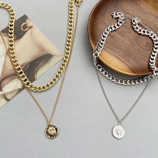 

pendant necklaces punk vintage multi layered gold portrait pearl round coin pendants for women big necklace color key heart jewelry, Silver