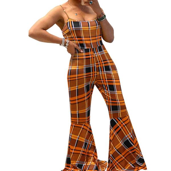 

women's jumpsuit 2021 sleeveless bodycon plaid romper spaghetti strap long wide leg bell pants one piece playsuit plus size jumpsuits &, Black;white