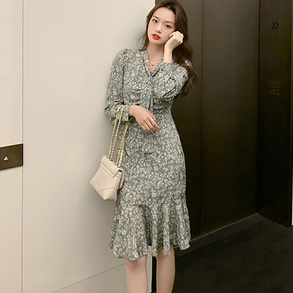 

casual dresses 2021 new spring floral gentle style fashion temperament v-neck printed slim buttocks fishtail dress for women 5m80, Black;gray