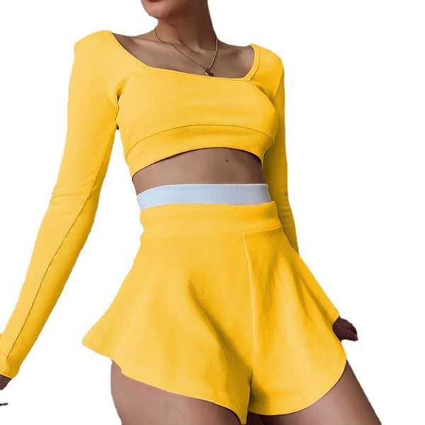 

women's tracksuits sportswear women 2021 long sleeve open navel color matching orange shorts skirt sports suit, Gray