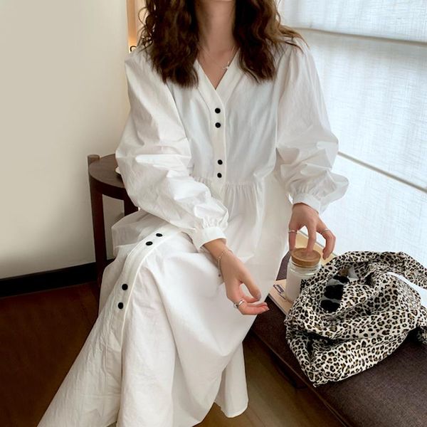 

casual dresses [ewq] korean chic autumn simple v-neck loose solid color single breasted lantern sleeve long dress women 2021 16e2971, Black;gray