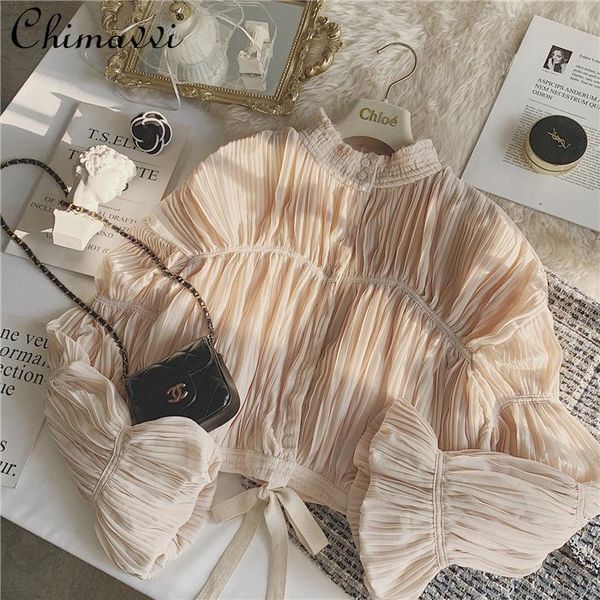 

women's blouses & shirts french elegant all-matching shirt fashion slimming lantern sleeves pleated blouse 2021 fall clothing, White