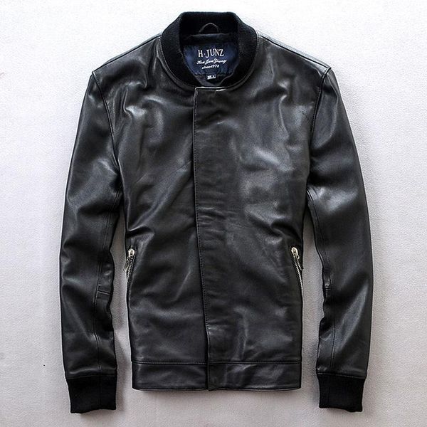 

korean youth sheepskin leather jacket wholesale men's casual baseball collar & faux, Black