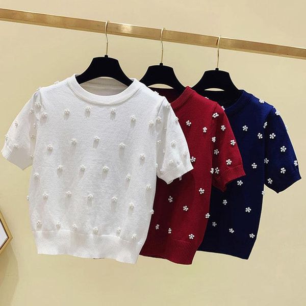 

women's t-shirt ggright 2021 summer fashion harajuku pearls beading t shirt women knitted short sleeve o-neck tshirts ice silk sweater, White