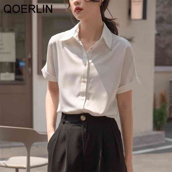 Stilvolle Büro-Damen-weiße Hemden Sommer OL Elegante formelle Kurzarm-Umlegekragen-Einreiher-Bluse Damen 210601