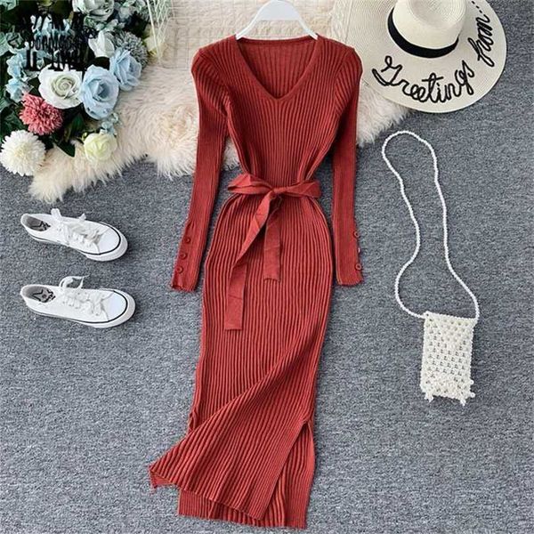

yornmona elegant v neck split midi dress autumn winter women knitted sweater button long sleeve sashes bodycon 211119, Black;gray