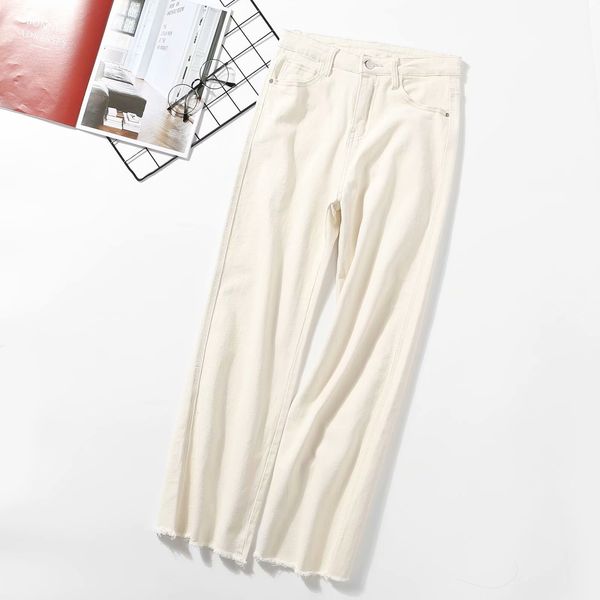 

jeans b4752 - korean women's clothing spring 2021 simple high waist rough edge wide leg pants for women, Blue