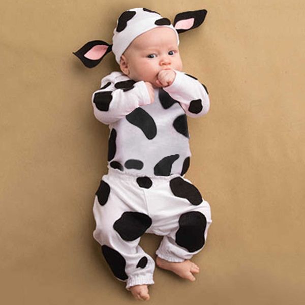 Новорожденные младенческие мальчики девочки девушки хэллоуин костюмы корова футболка коровы + брюки шляпа новорожденного наряда младенческие малыши одежды набор костюмов 2021 # G1023