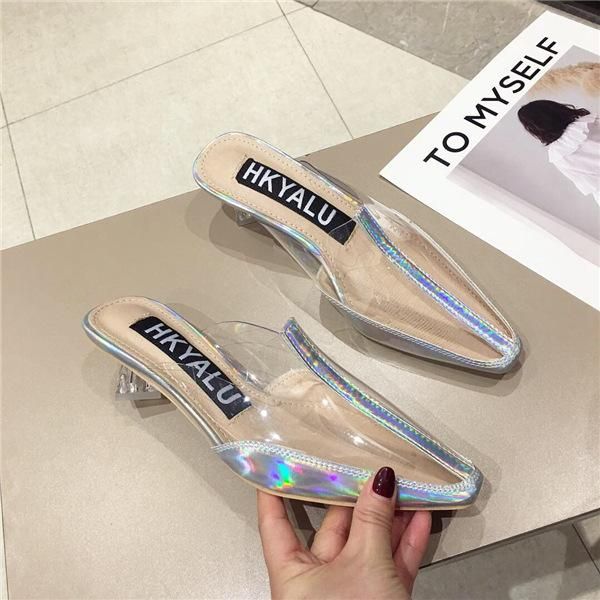 

slippers pvc clear woman summer shoes pointed toe slipper lady outside slides sandals shoe colorful transparent, Black