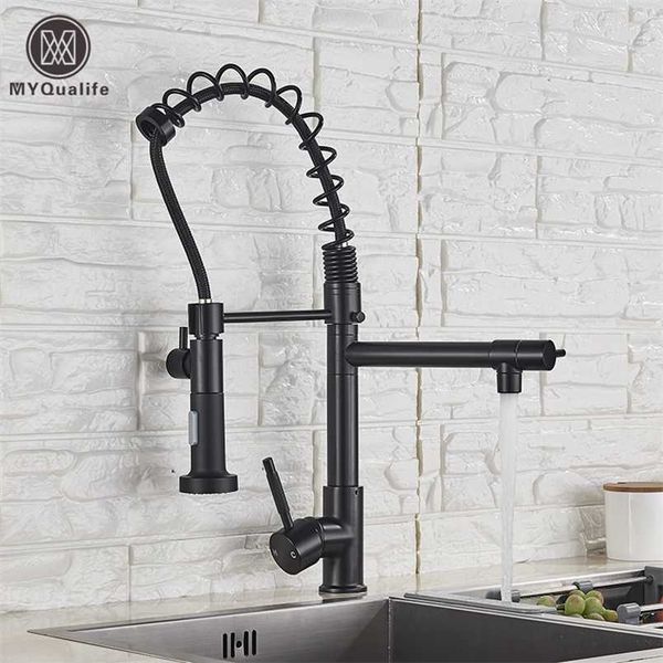 Acabamento Preto Matte Dual Spout Pia De Cozinha Faucet Torneira Mount Mountain Cozinha Mixer Cozinha Torneira e Frio Tap 211108