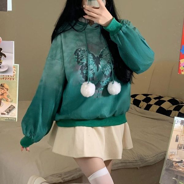 

women's hoodies & sweatshirts autumn korean version fashion butterfly letter printing loose pullover winter casual streetwear gradient, Black