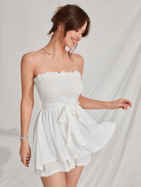 

frill shirred contrast guipure lace layered hem tube romper j0dd#, White