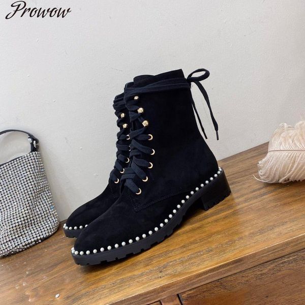 

boots prowow shoes woman ankle lamb skin genuine leather pearl knight design classic women lace up short, Black