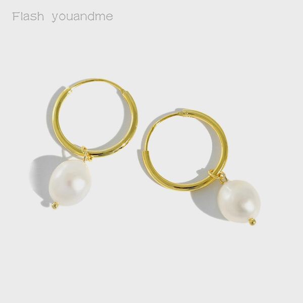 

hoop & huggie s925 sterling silver earrings for women luxury natural baroque pearlearring gold earings pendientes plata jewelry, Golden;silver